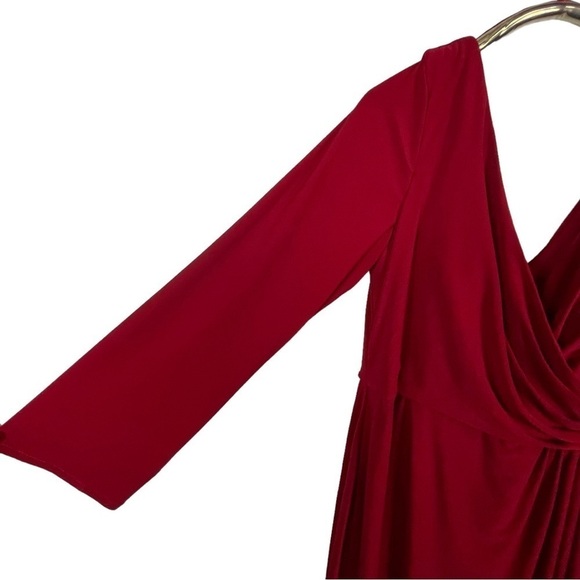 LA FEMME 29044 RED LONG SLEEVE STRETCH FAUX WRAP SURPLICE THIGH HIGH SLIT GOWN - Picture 10 of 14